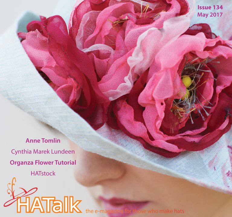 HATalk Issue 134, cover cloche hat with burnt organza flowers by MJ Baxter.