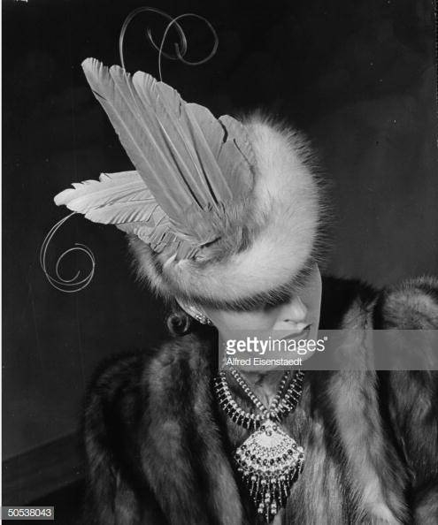 Model wearing sable fur coat w. feathered fur hat by designer John Frederics. (Photo by Alfred Eisenstaedt/Pix Inc./The LIFE Picture Collection via Getty Images)